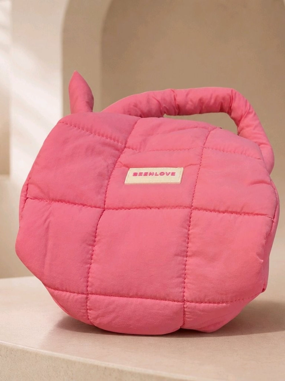 Pink Quilted Top-Handle Cosmetic Pouch